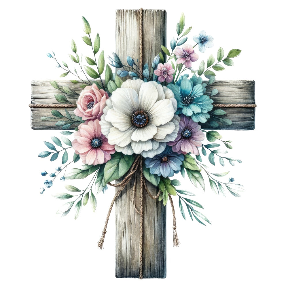 Easter Crosses Fabric Panel 18 featuring a rustic wooden cross adorned with pastel floral bouquet in premium quilting cotton design