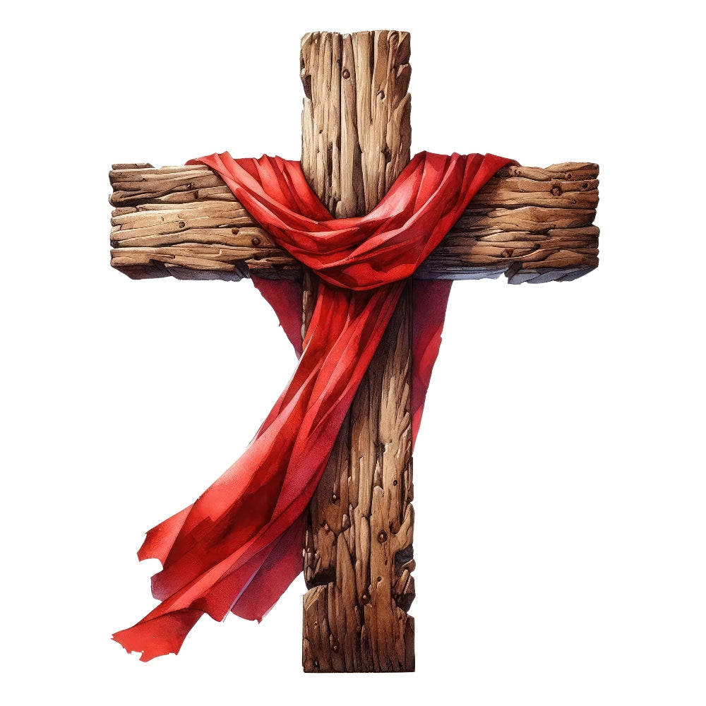 Easter Crosses Fabric Panel 5 features a rustic wooden cross draped with a flowing red cloth on premium quilting cotton.