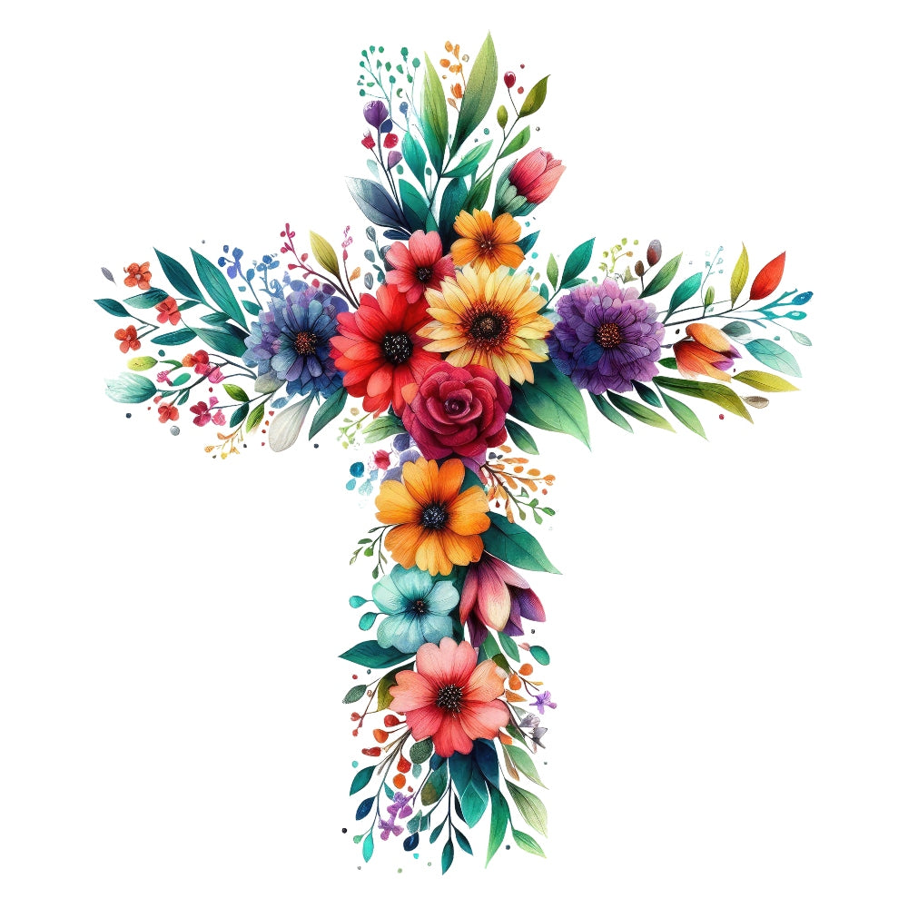 Easter Crosses Fabric Panel 6 featuring a colorful floral cross design on premium quilting cotton printed in the USA.