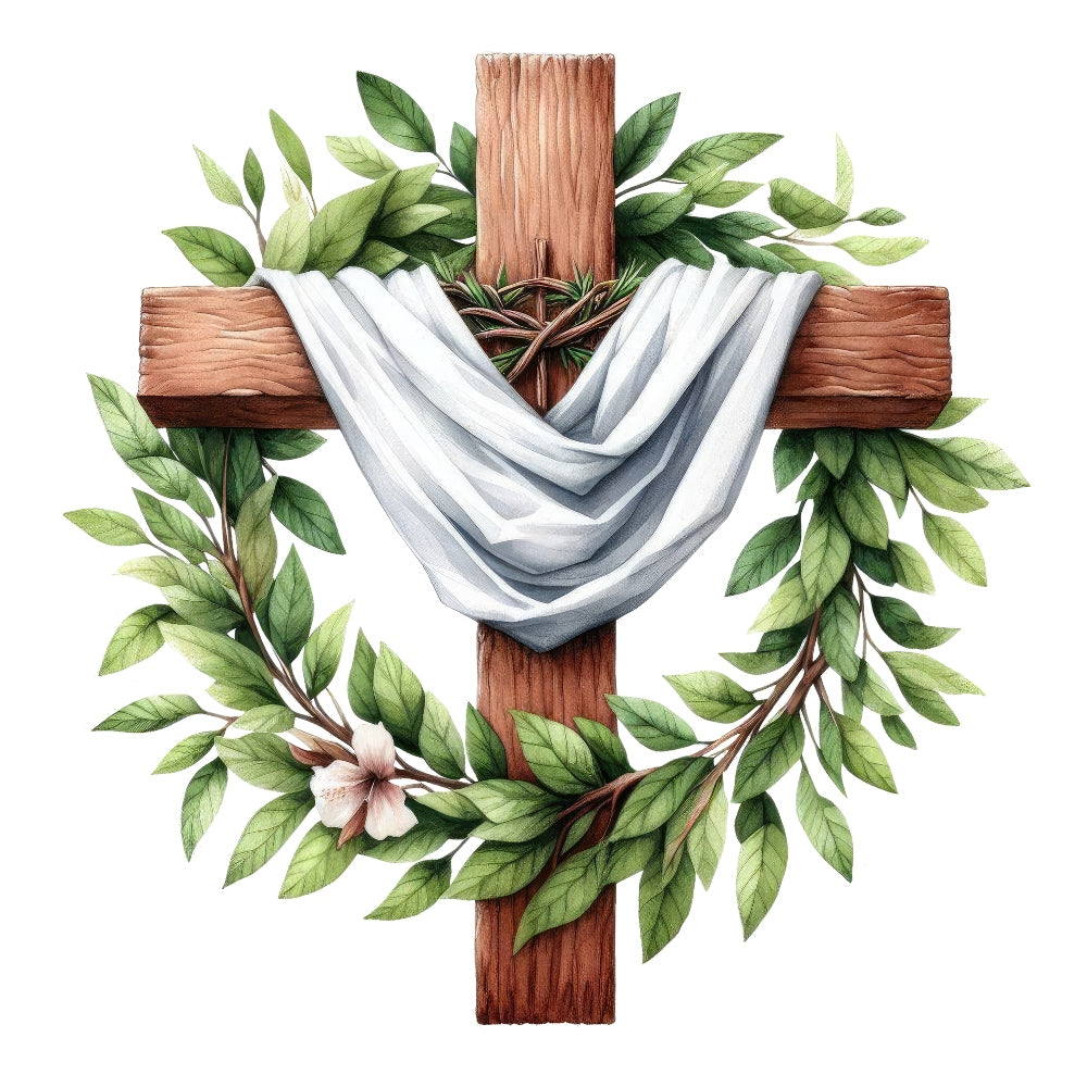Easter Crosses Fabric Panel 8 showing wooden cross with white drape, greenery, and crown of thorns in premium quilting cotton print.