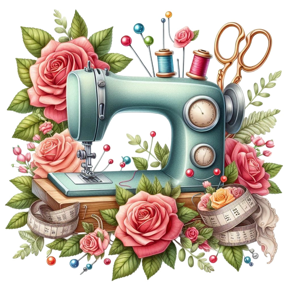 Floral Cute Sewing Machine Fabric Panel 2 with vintage sewing machine, roses, spools, scissors, and measuring tape design.