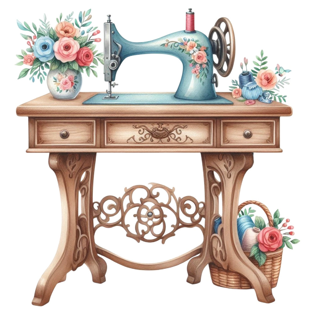 Floral Cute Sewing Machine Fabric Panel 5 featuring vintage blue sewing machine with floral accents on wooden table.