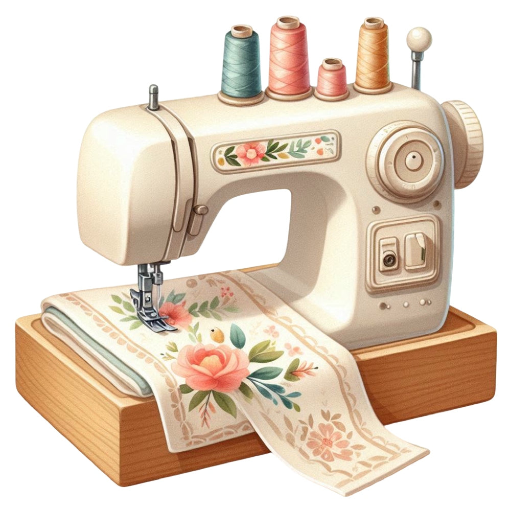 Floral Cute Sewing Machine Fabric Panel 7 with vintage style sewing machine stitching pink and peach floral fabric panel