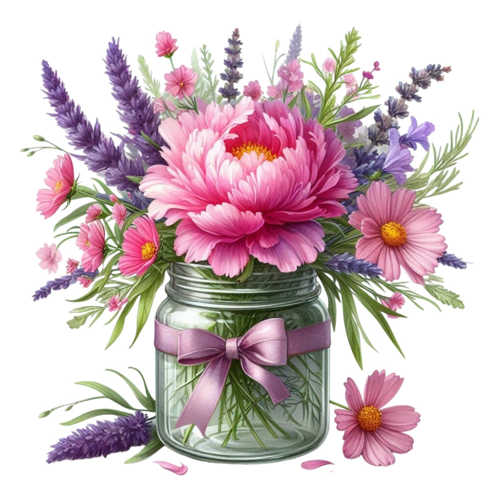 Flowers in a Jar Fabric Panel 13 featuring a vibrant bouquet of pink and purple flowers in a glass jar with a ribbon bow.