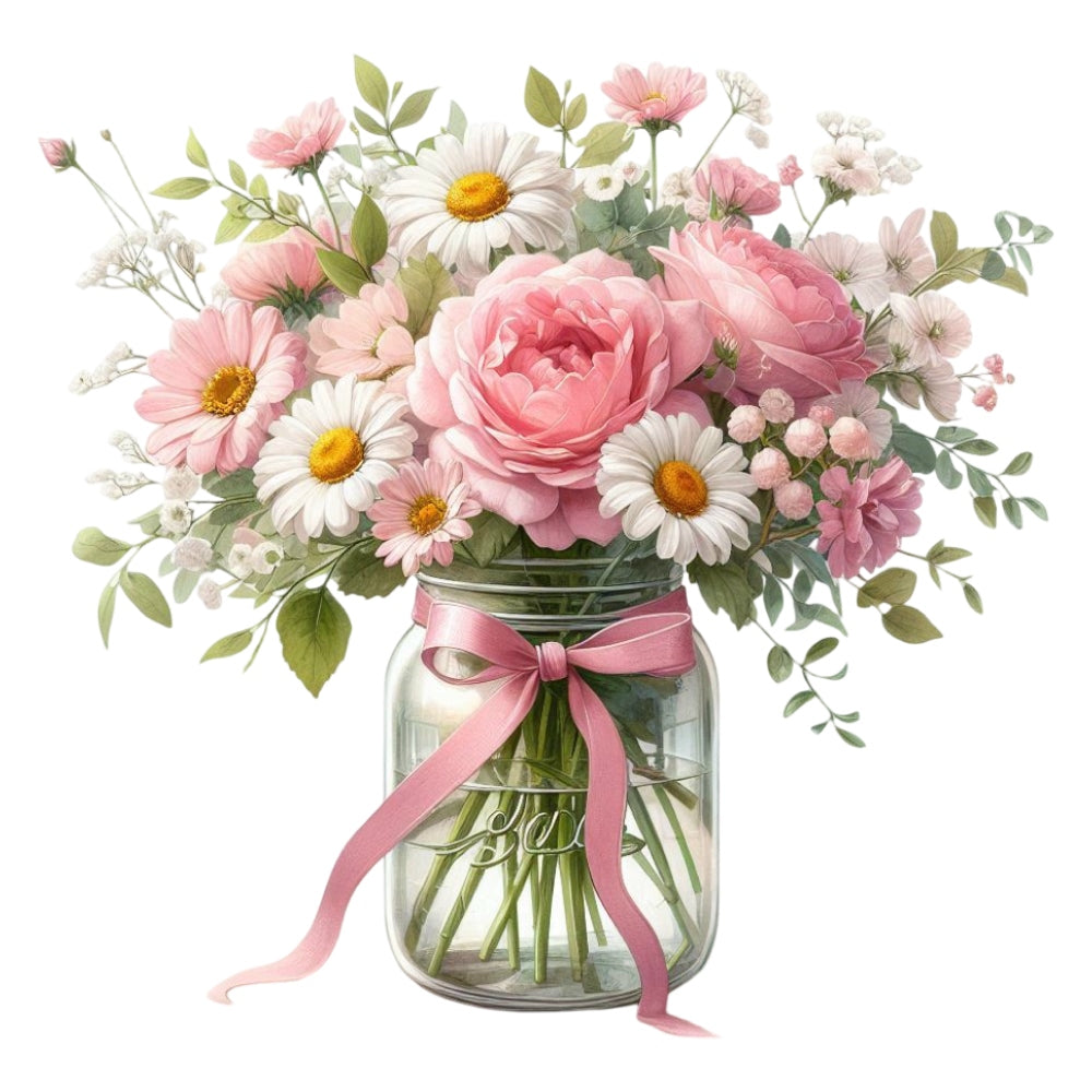 Flowers in a Jar Fabric Panel 14 featuring a detailed watercolor bouquet of pink roses and white daisies in a glass jar with a pink ribbon.