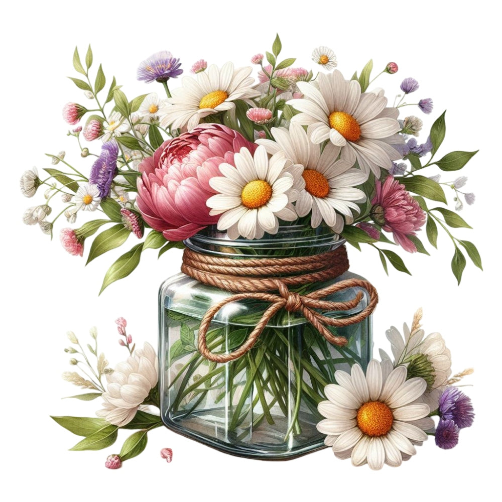 Flowers in a Jar Fabric Panel 15 featuring a detailed, colorful bouquet of daisies and wildflowers in a glass jar with rope.