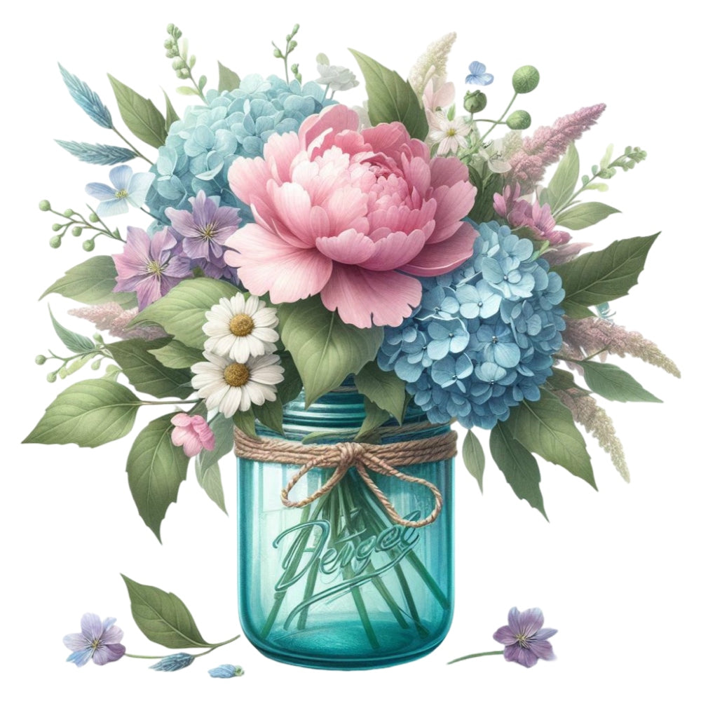 Flowers in a Jar Fabric Panel 18 featuring a detailed bouquet of pink peony, blue hydrangeas, daisies in a blue jar with green leaves on premium quilting cotton.
