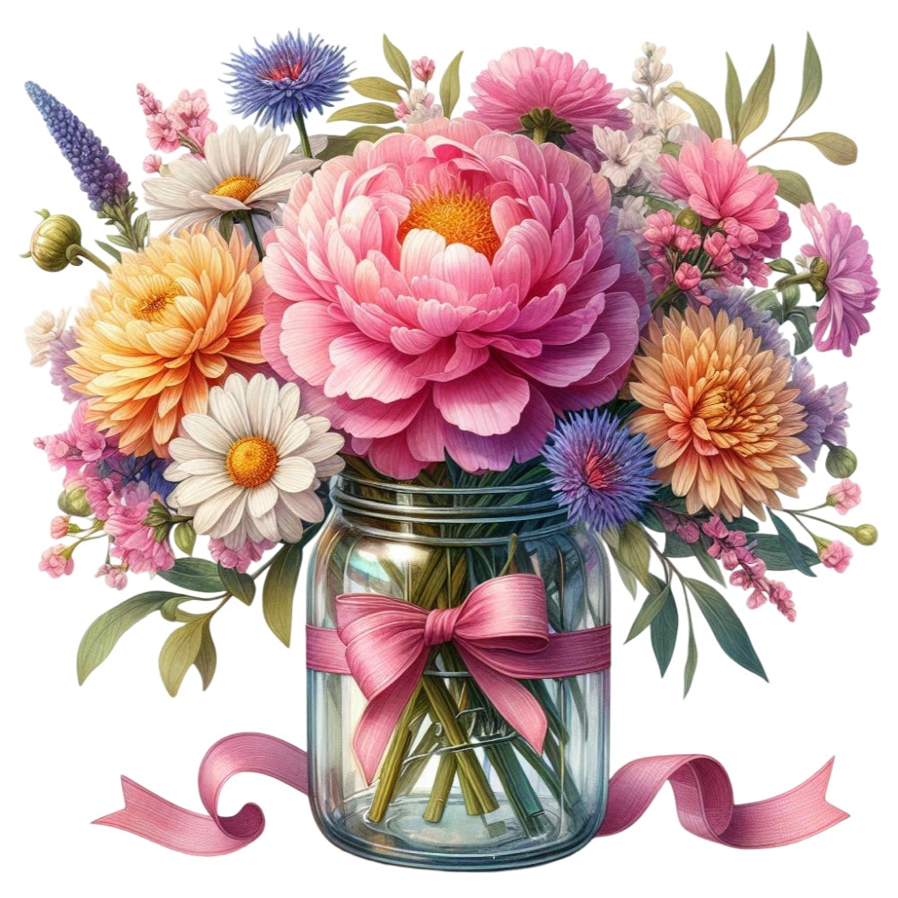 Flowers in a Jar Fabric Panel 2 features a vibrant bouquet of various colorful flowers in a glass jar with a pink ribbon.