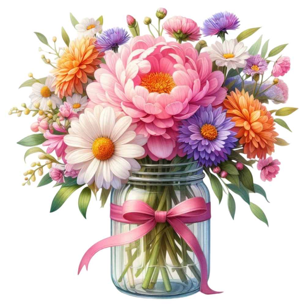 Flowers in a Jar Fabric Panel 21 showing a vibrant bouquet of mixed flowers in a glass jar with a pink ribbon.