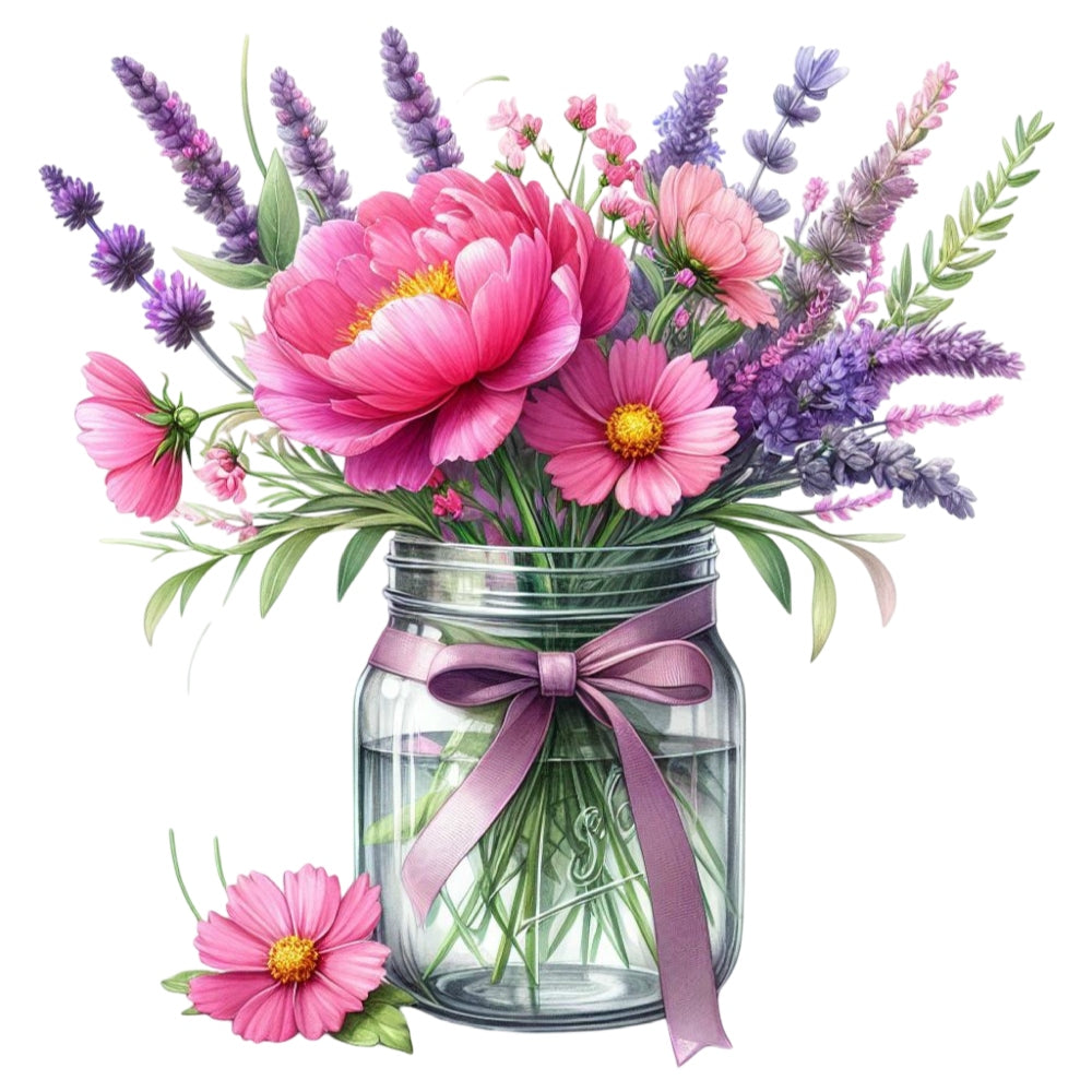 Flowers in a Jar Fabric Panel 22 featuring vibrant pink and purple flowers in a clear jar with a decorative ribbon bow.