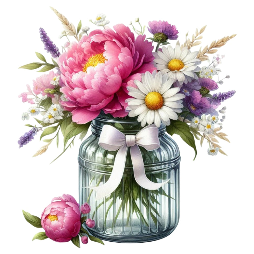 Flowers in a Jar Fabric Panel 7 showing a clear jar tied with a white bow holding vibrant pink peonies and white daisies bouquet.