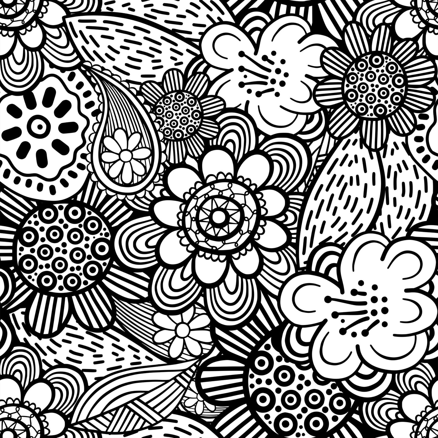 Folk Art Florals Black and White Pattern 9 Quilting Cotton Fabric