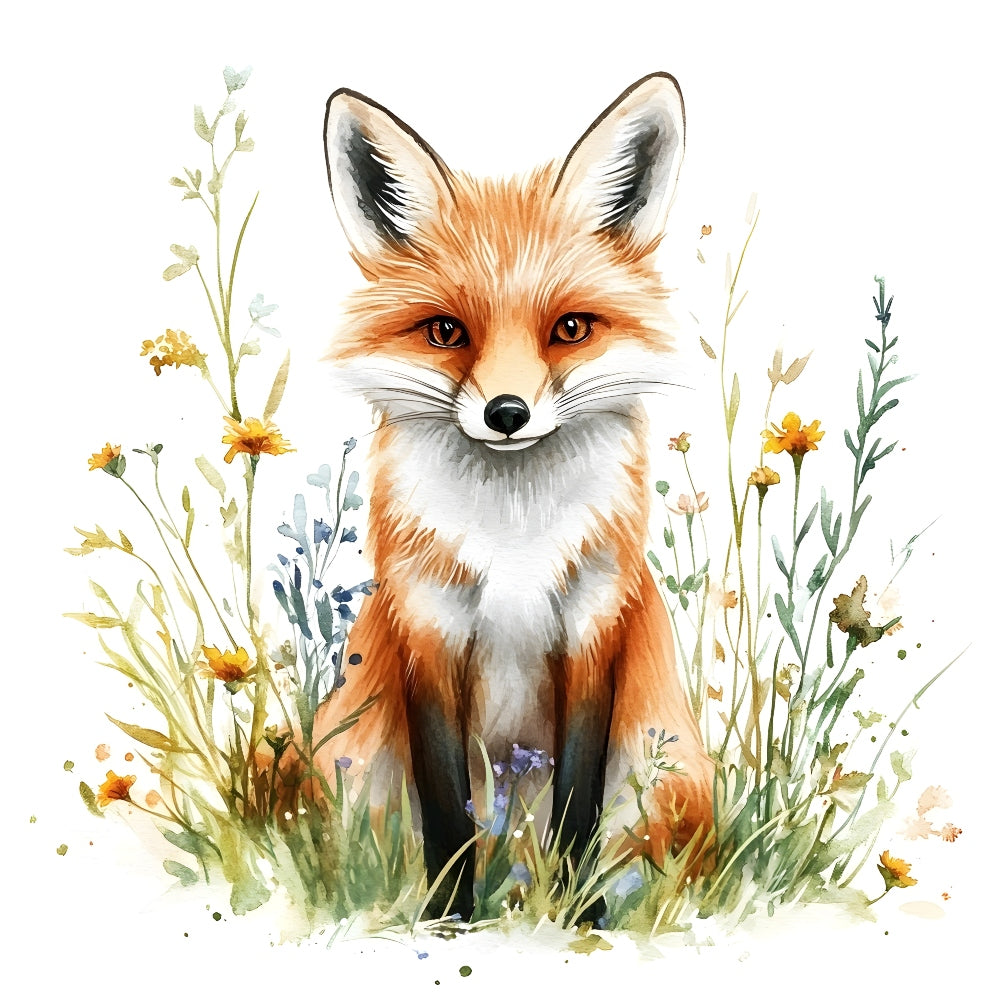 Foxes in Wildflowers Fabric Panel 4 featuring a detailed watercolor fox sitting among wildflowers on premium quilting cotton fabric.