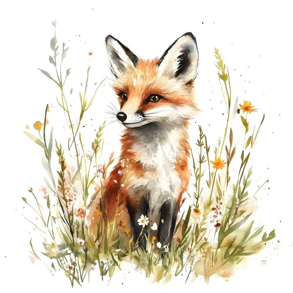 Foxes in Wildflowers Fabric Panel 5 featuring a detailed watercolor fox sitting amidst wildflowers on premium quilting cotton.