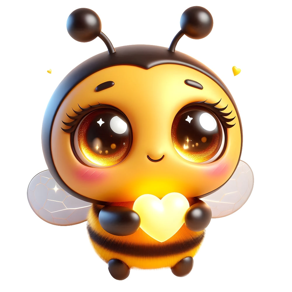 Funny Cartoon Bees Fabric Panel 10 featuring a cute bee character with big eyes holding a glowing heart, printed on premium quilting cotton.
