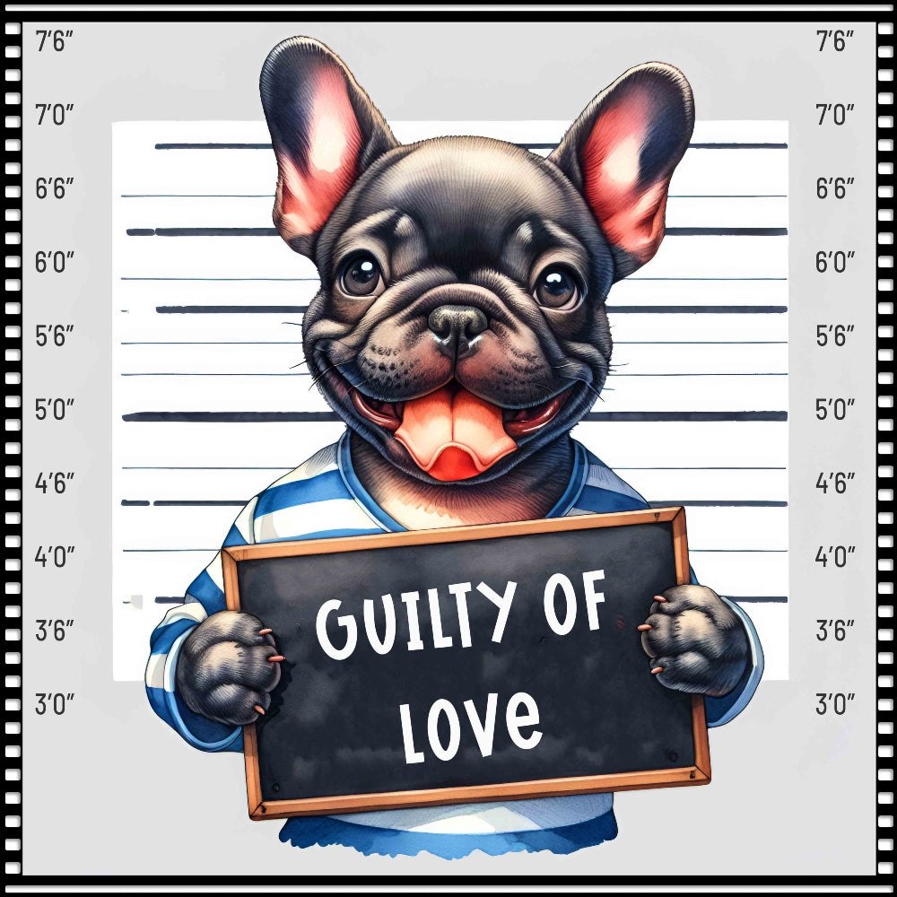 Funny Dog Mugshots Frenchie Fabric Panel showing a smiling French bulldog in a mugshot holding a sign "Guilty of Love" printed on premium quilting cotton