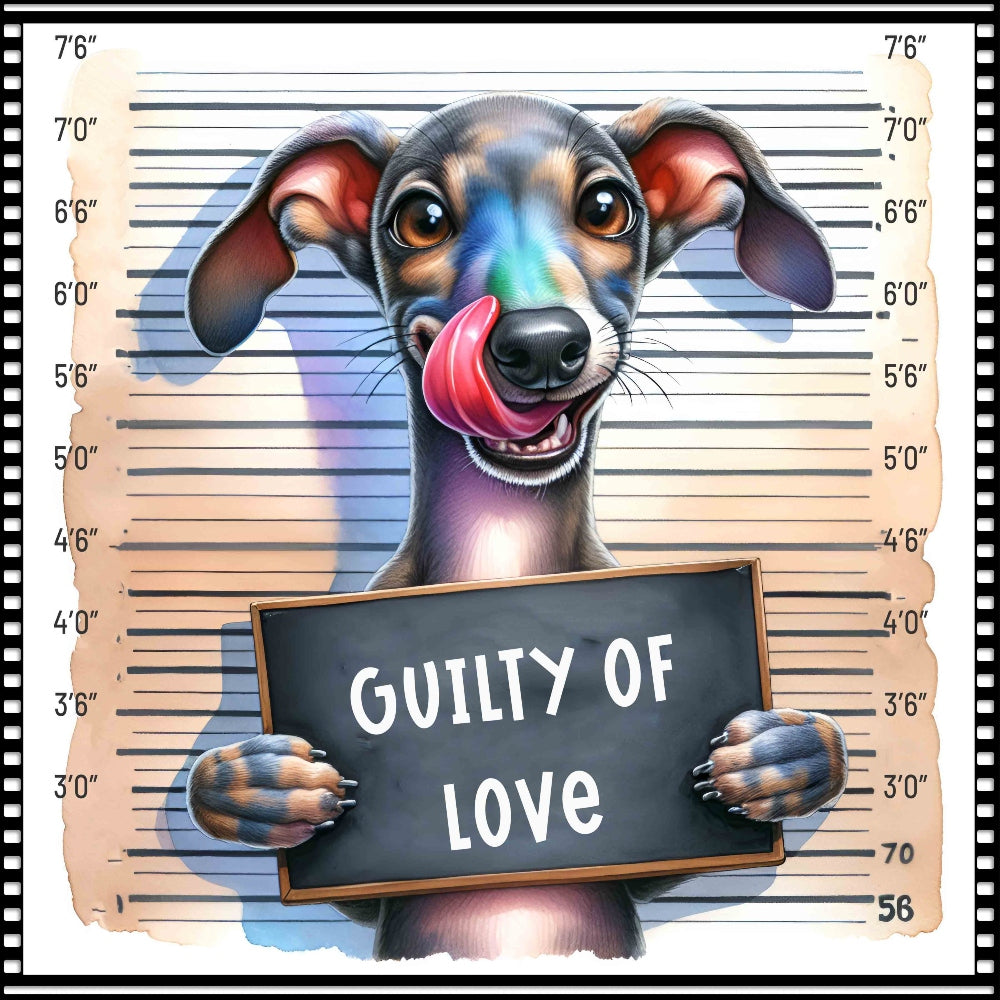 Funny Dog Mugshots Greyhound Fabric Panel featuring a playful greyhound holding a "Guilty of Love" sign in a mugshot style.
