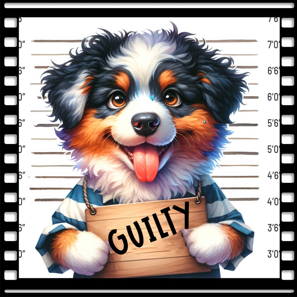 Funny Dog Mugshots Kopie 2 Fabric Panel featuring a happy puppy holding a guilty sign in a playful mugshot style.
