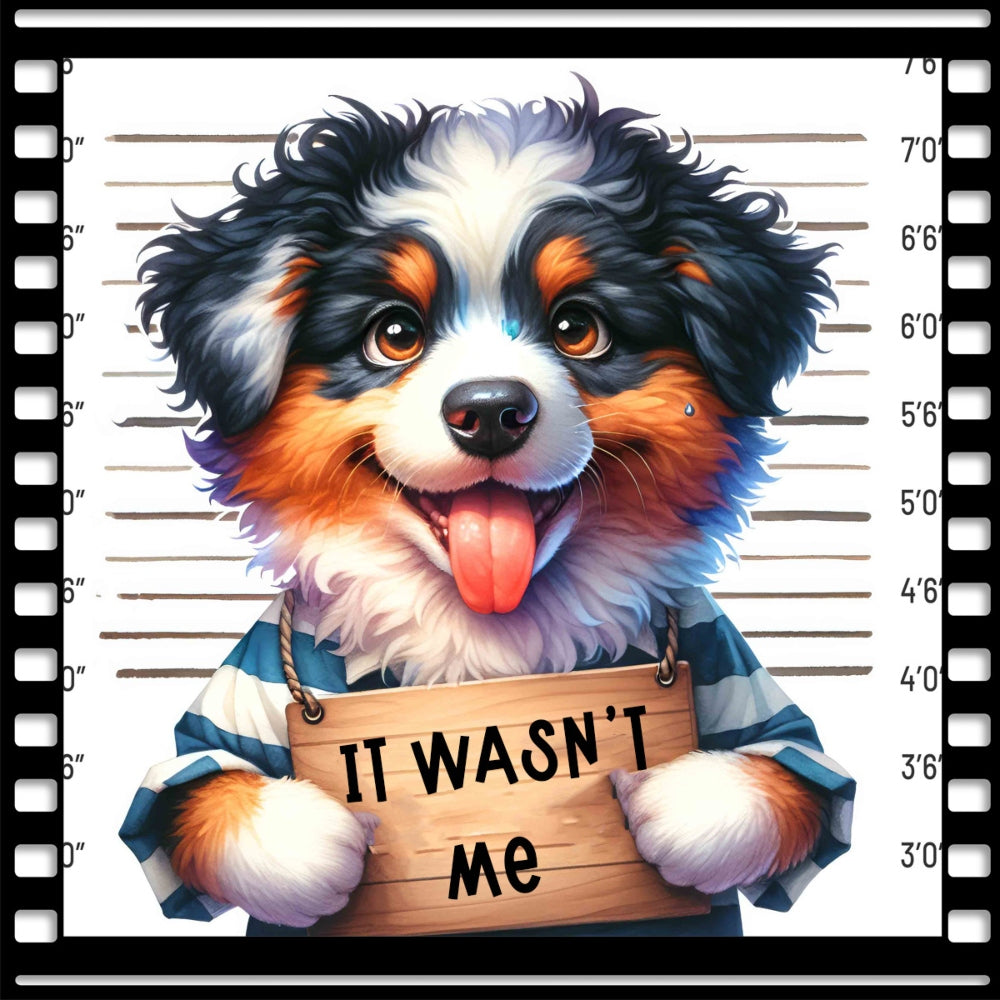 Funny Dog Mugshots Kopie 3 Fabric Panel featuring a cute dog in a mugshot with a wooden sign saying It Wasn't Me.