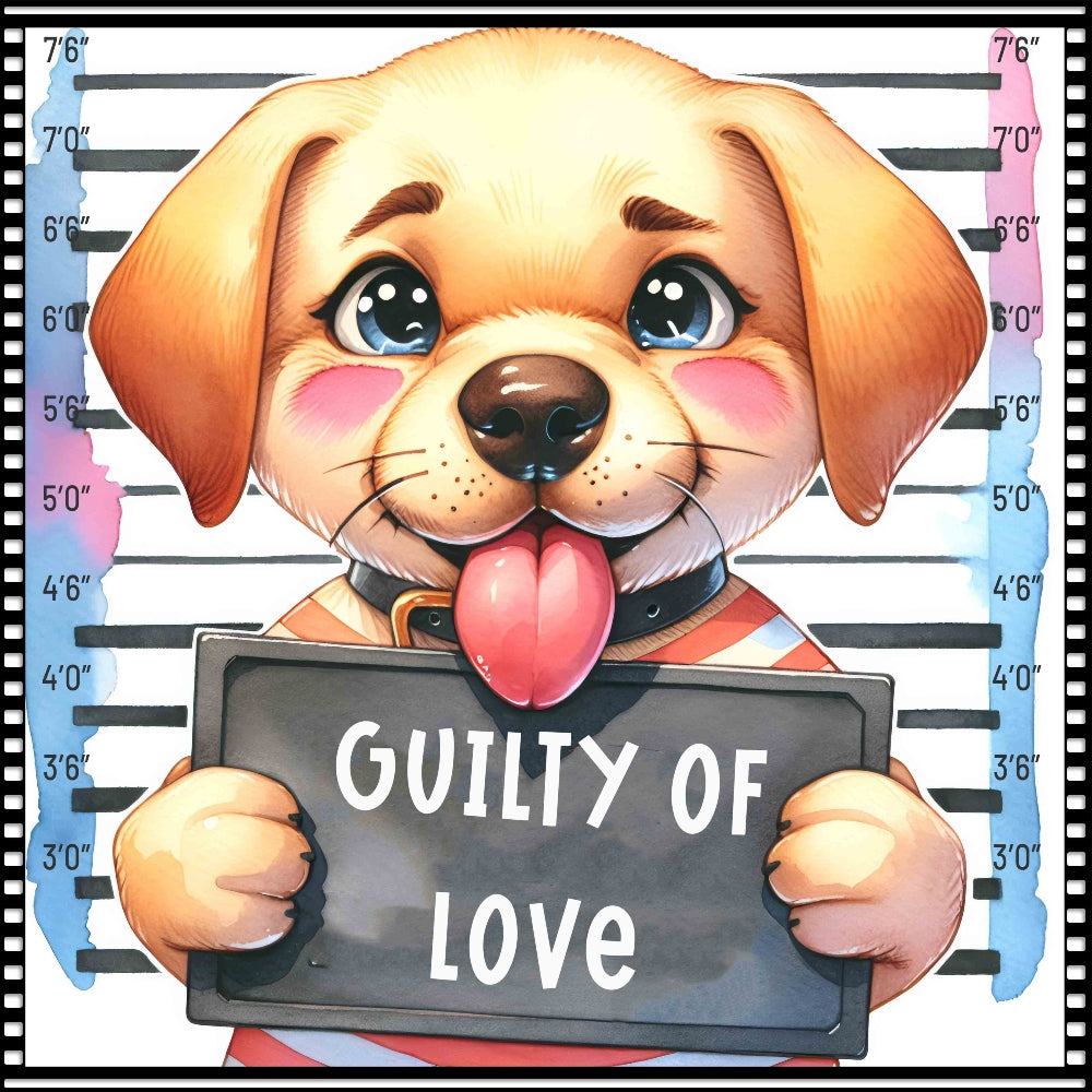Funny Dog Mugshots Lab 2 Fabric Panel featuring a cute labrador puppy with a "Guilty of Love" sign in a mugshot style.