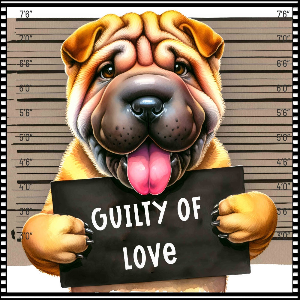 Funny Dog Mugshots Shar Pei Fabric Panel featuring a cute Shar Pei dog holding a "Guilty of Love" sign in a mugshot style.
