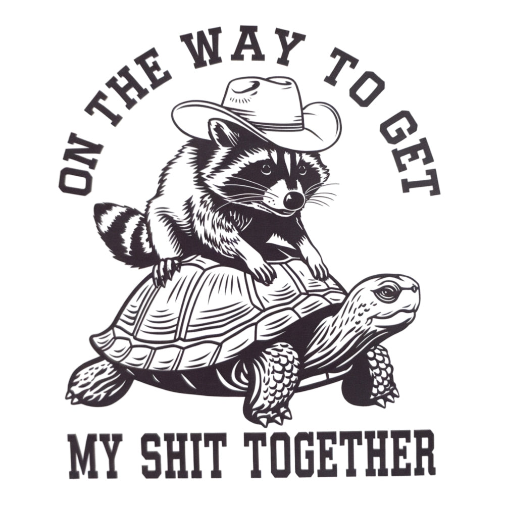 Illustration of raccoon wearing cowboy hat riding turtle with text "On the way to get my shit together" fabric panel.