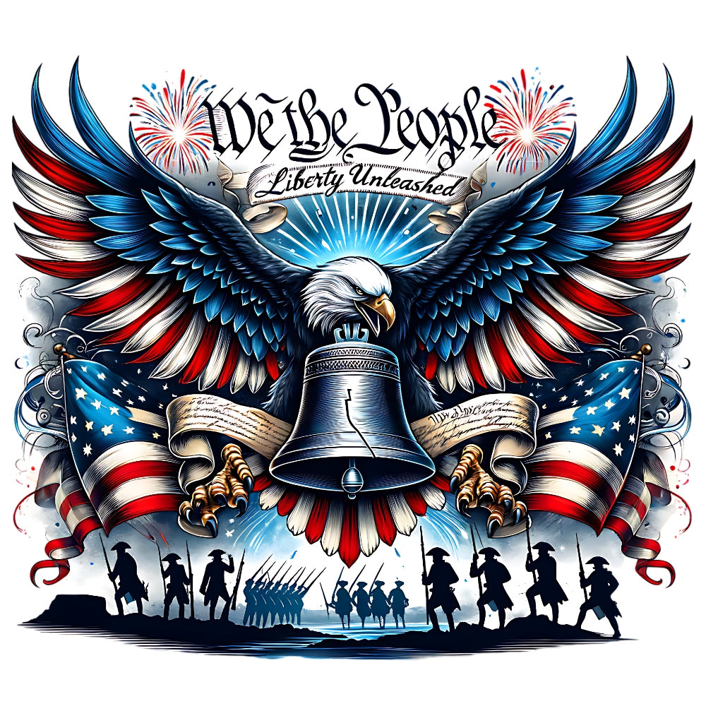 God Bless America Fabric Panel 1 featuring a soaring eagle with flag-colored wings, Liberty Bell, and historic silhouettes.