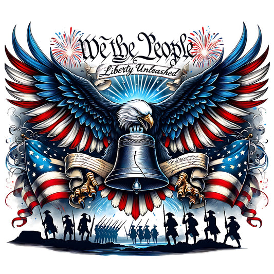 God Bless America Fabric Panel 1 featuring a soaring eagle with flag-colored wings, Liberty Bell, and historic silhouettes.