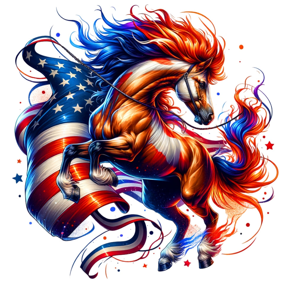 God Bless America Fabric Panel 10 featuring a vibrant horse wrapped in a flowing American flag design with dynamic red, white, and blue colors.