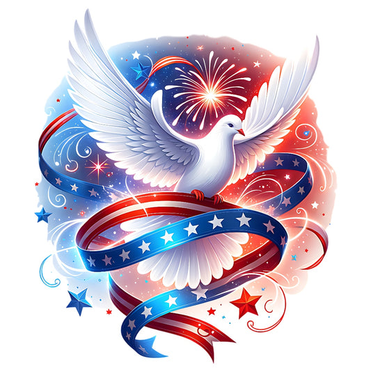 God Bless America Fabric Panel 12 featuring a white dove with red, white, and blue ribbon and fireworks in the background.