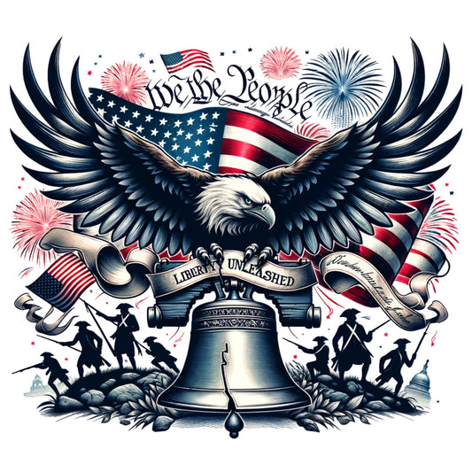 God Bless America Fabric Panel 2 featuring a bald eagle, Liberty Bell, American flag, and fireworks celebrating freedom and patriotism.