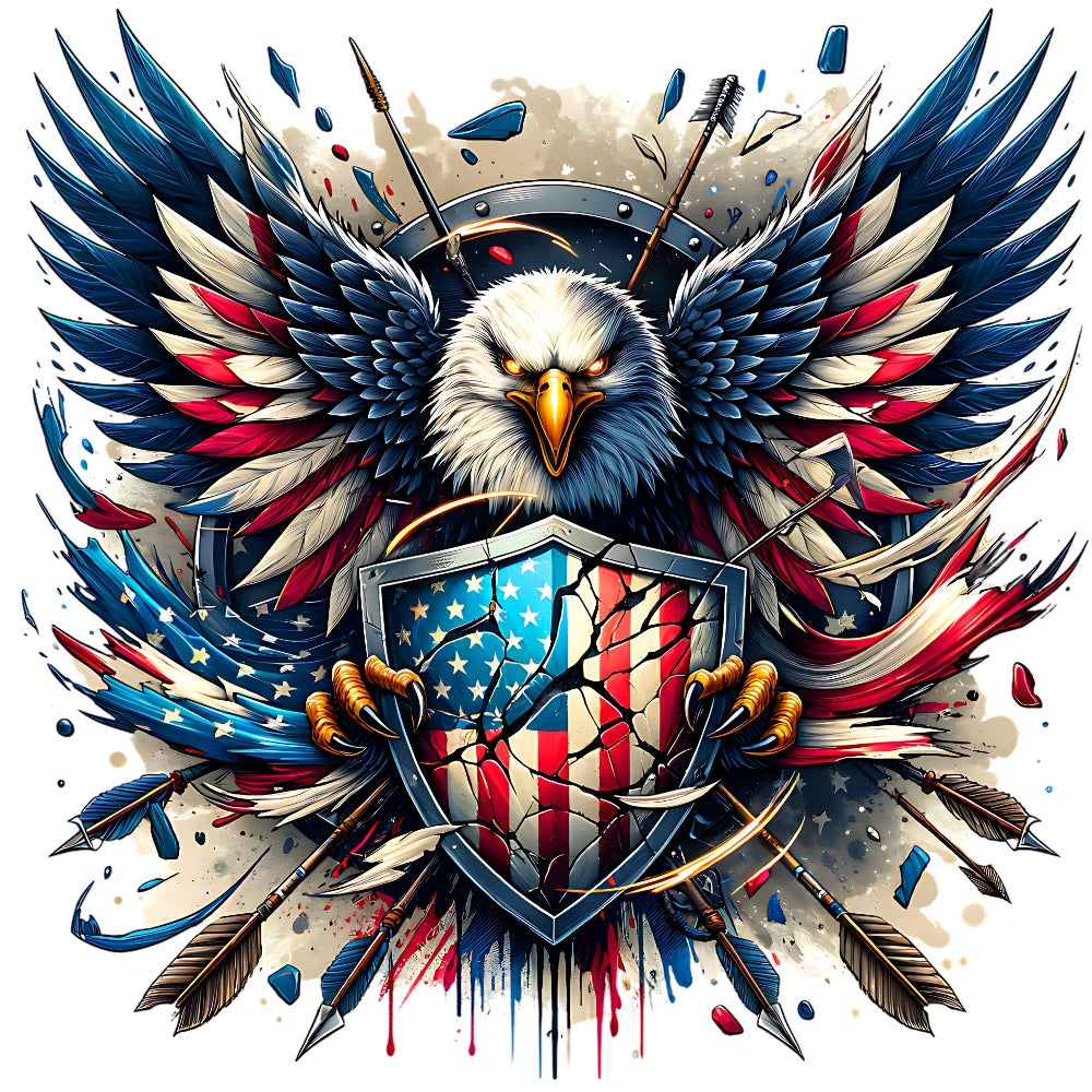 God Bless America Fabric Panel 7 featuring a fierce eagle with American flag wings holding a shield with stars and stripes.