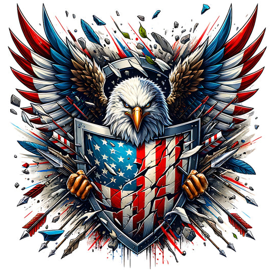 God Bless America Fabric Panel 8 featuring a fierce eagle with spread wings holding a patriotic American flag shield.
