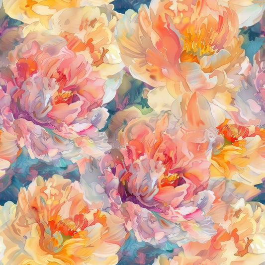 Handpainted Watercolor Peonies Pattern 9 Quilting Cotton Fabric