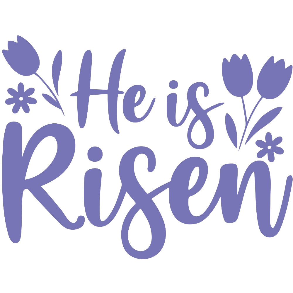 He is Risen Font Fabric Panel with purple script lettering and floral accents on premium quilting cotton printed in the USA