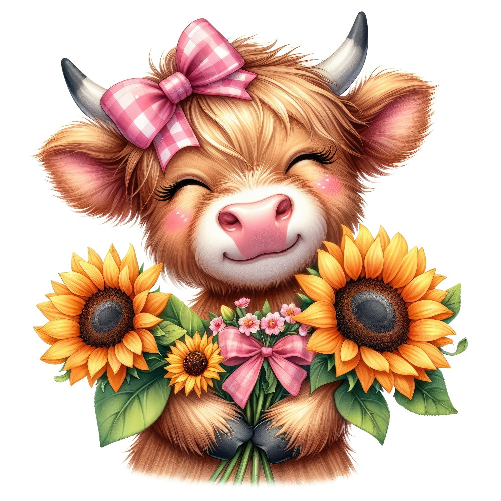 Highland Cow With Sunflowers Fabric Panel 12 showing a smiling cow with a pink bow holding bright sunflowers on premium quilting cotton.