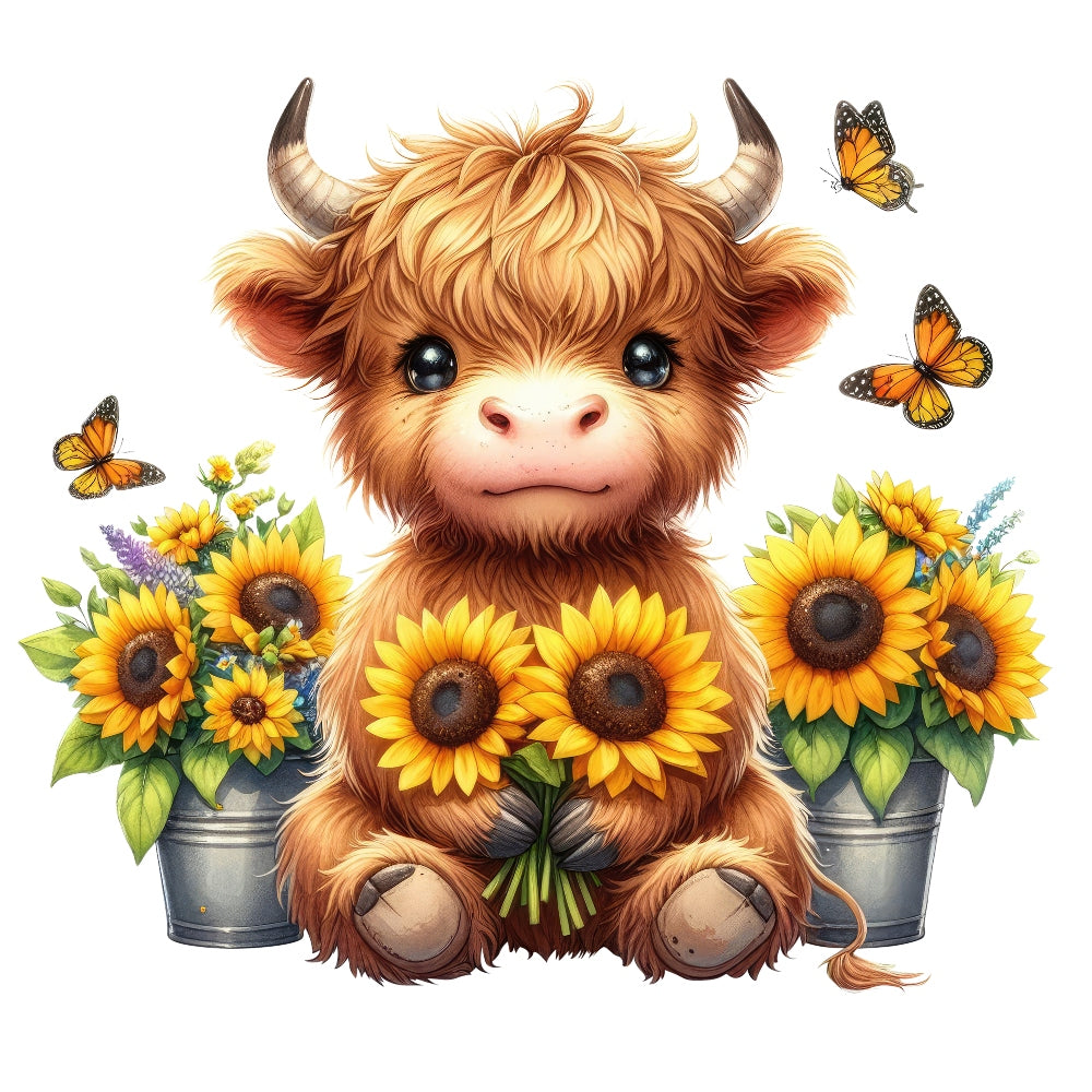 Highland Cow With Sunflowers Fabric Panel 4 features a cute Highland cow surrounded by bright sunflowers and butterflies.