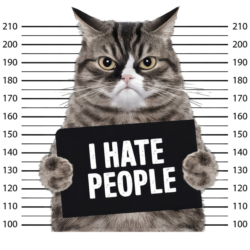 I Hate People Angry Cat Mugshot Fabric Panel featuring a grumpy cat holding a sign with measuring lines background.