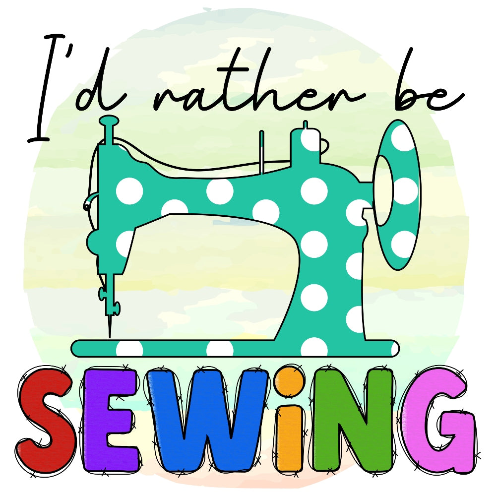 I'd Rather Be Sewing Fabric Panel with colorful letters and teal polka dot sewing machine design on premium quilting cotton