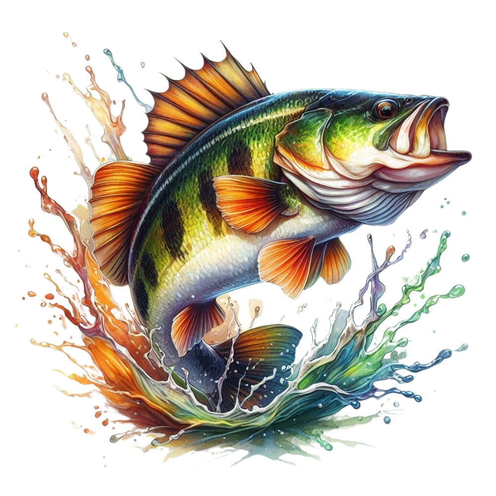 Jumping Bass Fish Fabric Panel 1 featuring a vibrant bass leaping with colorful water splash on premium quilting cotton fabric.