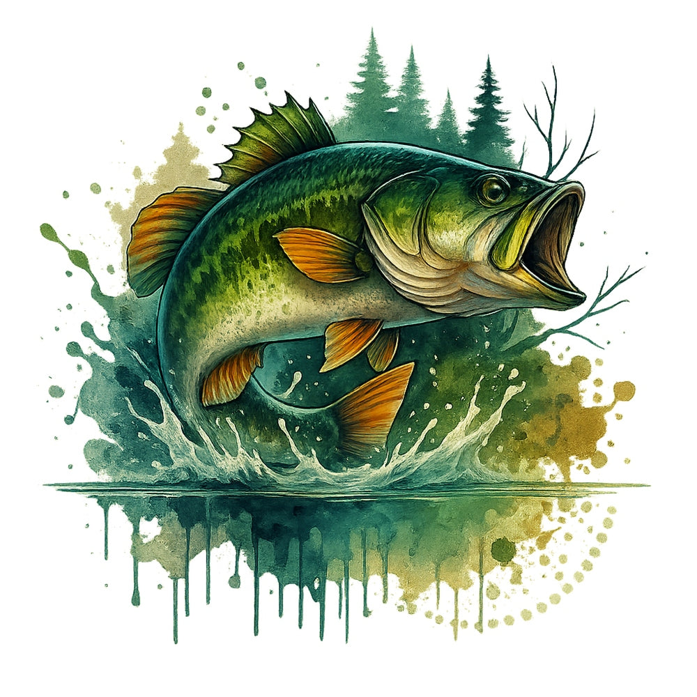 Jumping Bass Fish Fabric Panel 2 shows a detailed, colorful bass fish leaping from water with forest trees in the background.