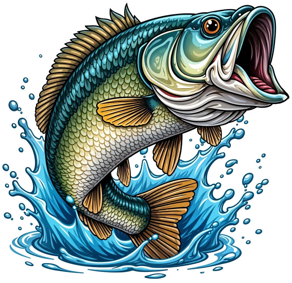 Jumping Bass Fish Fabric Panel 3 with detailed design of a leaping bass fish splashing in water on premium quilting cotton.