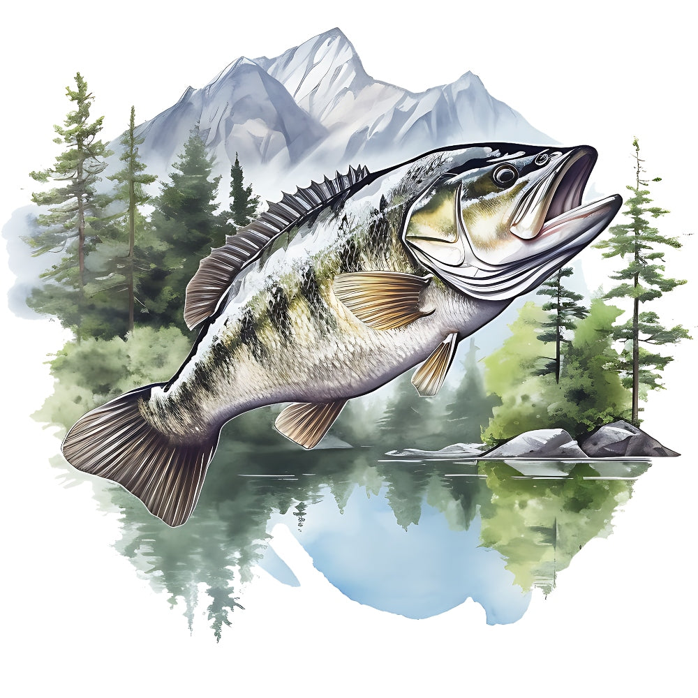 Jumping Bass Fish Scene Fabric Panel 1 featuring a detailed bass fish leaping over a lake with mountains and pine trees in the background