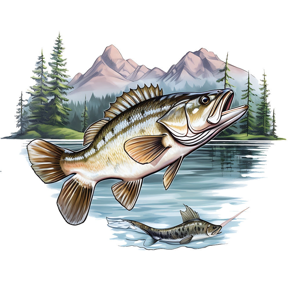 Jumping Bass Fish Scene Fabric Panel 2 featuring a detailed bass jumping from water with mountains and pine trees background.