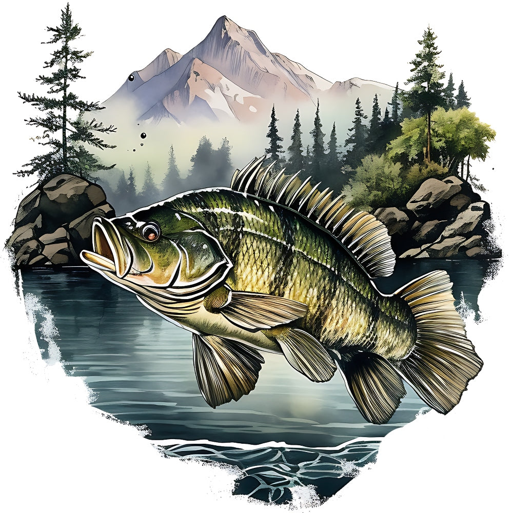 Jumping Bass Fish Scene Fabric Panel 3 showcasing a leaping bass in a mountain lake with pine trees and rocky shore.