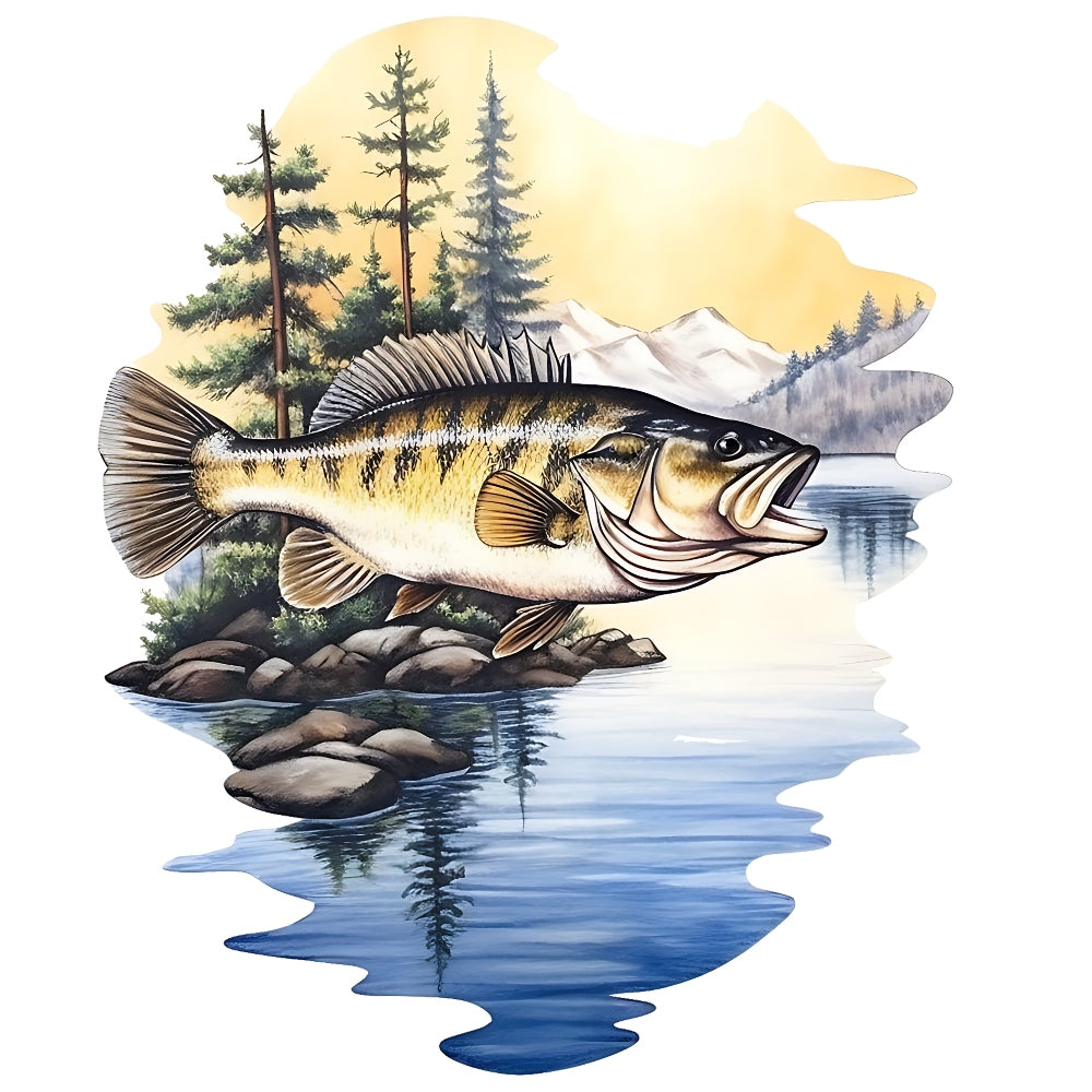Jumping Bass Fish Scene Fabric Panel 4 showing a detailed bass leaping near rocks with pine trees and mountains in the background.