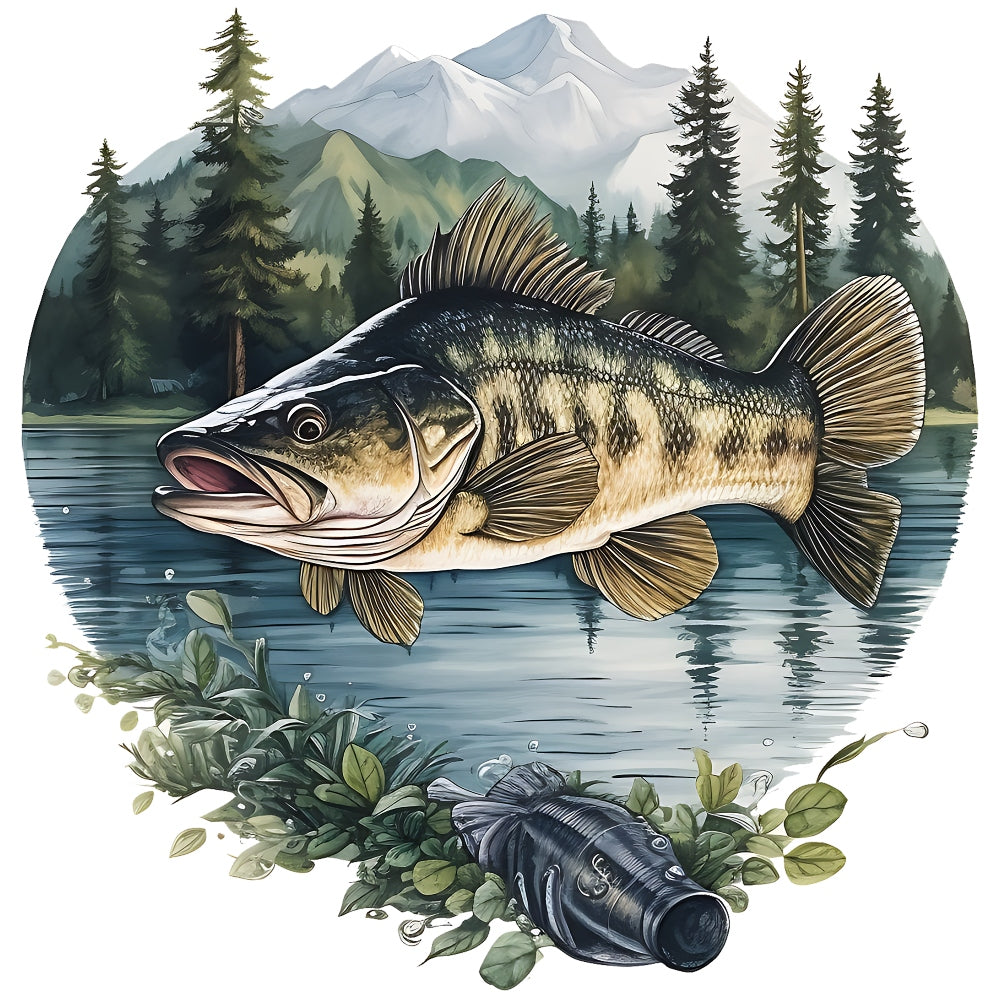 Jumping Bass Fish Scene Fabric Panel 5 featuring a detailed bass leaping over water with mountains and pine trees in the background.