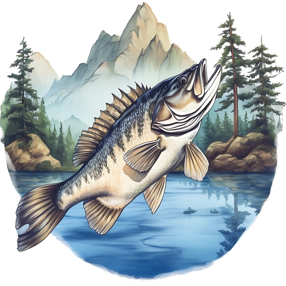 Jumping Bass Fish Scene Fabric Panel 6 featuring detailed bass leaping over a serene lake with mountains and pine trees background.