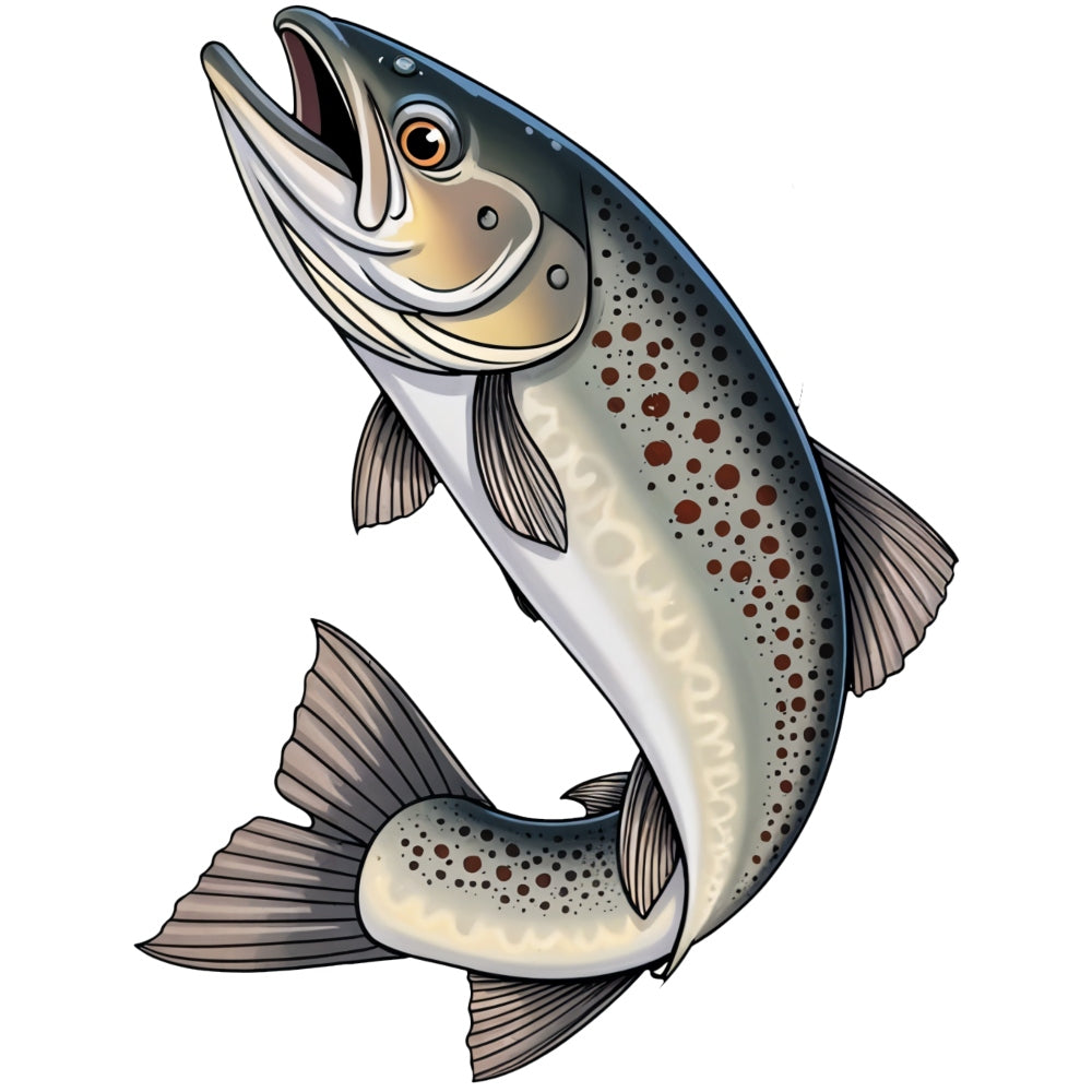 Jumping Trout Fish Fabric Panel 1 featuring a detailed illustration of a leaping trout fish in natural colors on premium cotton fabric.