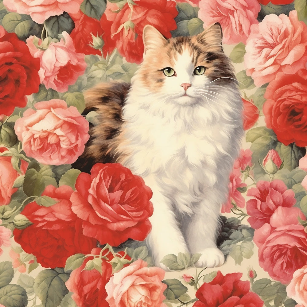 Kittens in the Rose Garden Fabric Panel 10 featuring a fluffy cat surrounded by vibrant red and pink roses on premium quilting cotton.